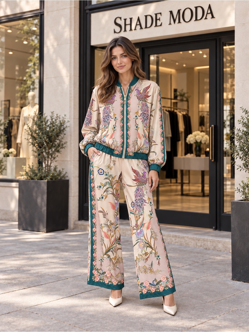 IT023 🇮🇹 Made in Italy Beige Bird & Floral Print Bomber Jacket and Pants Set